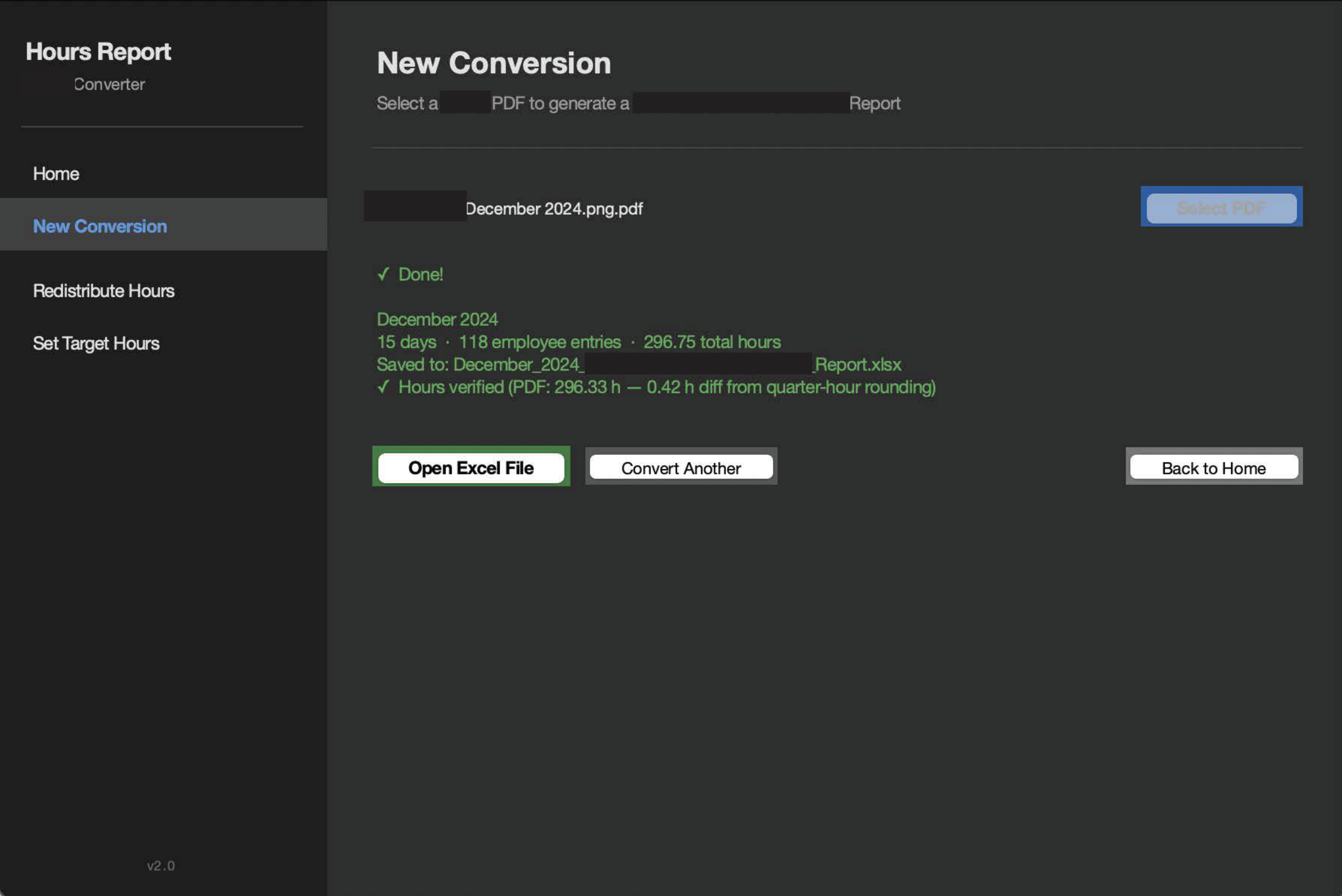 Hours Report Converter — new conversion view with completed report and Excel output