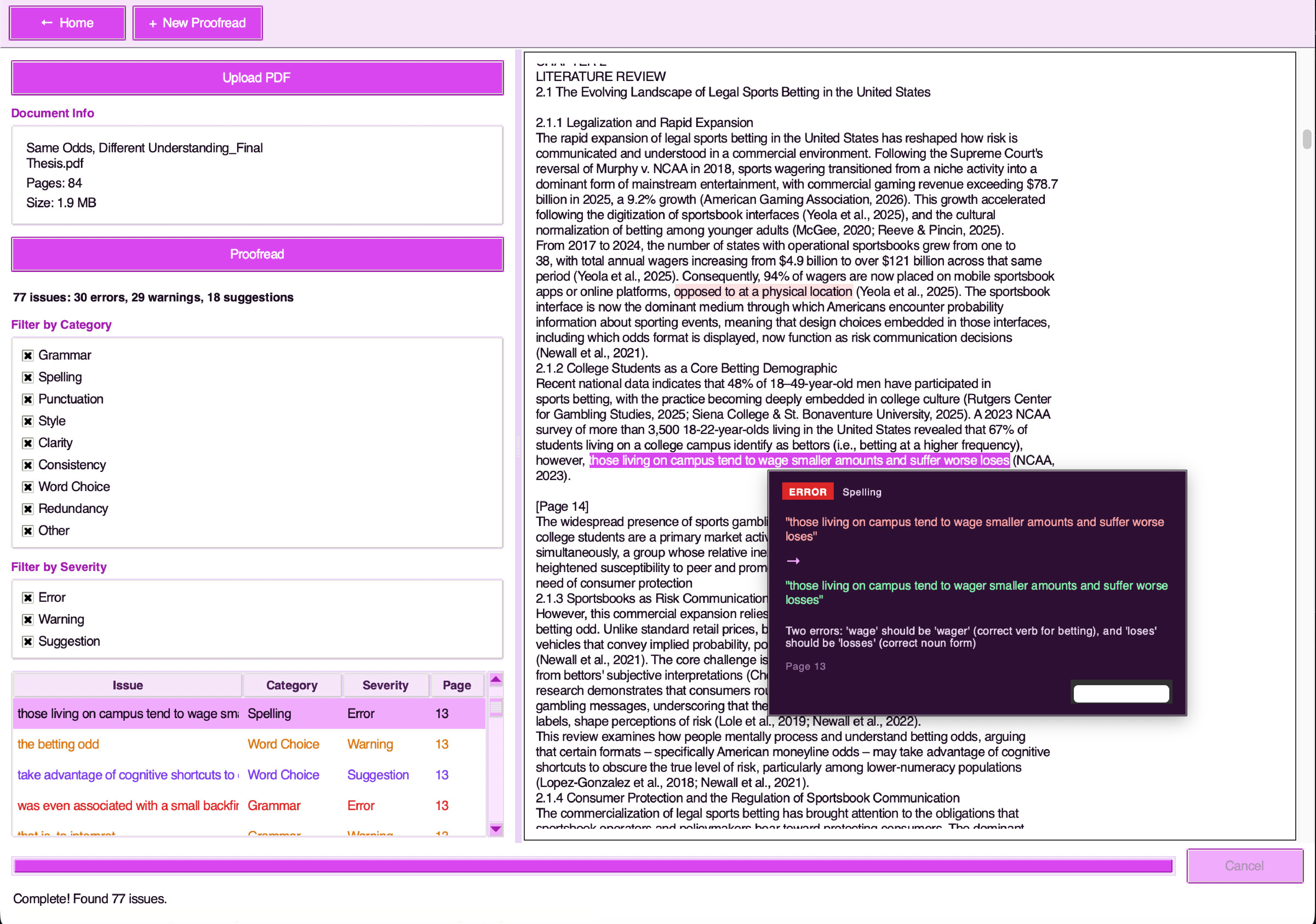 PDF Proofreading App — full interface showing uploaded PDF, issue list, and highlighted text