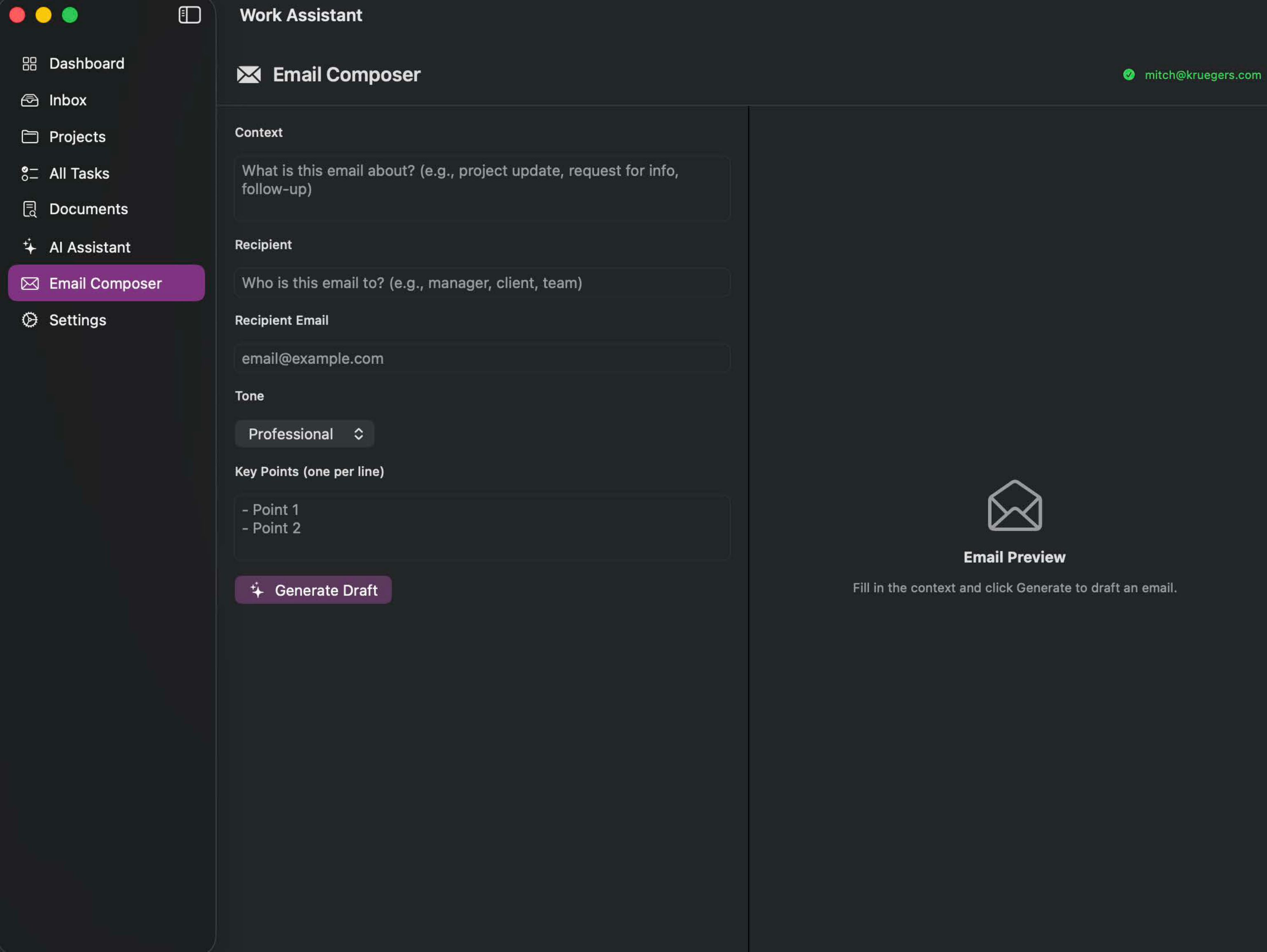 Work Assistant — Email Composer with context, recipient, tone, and key points fields