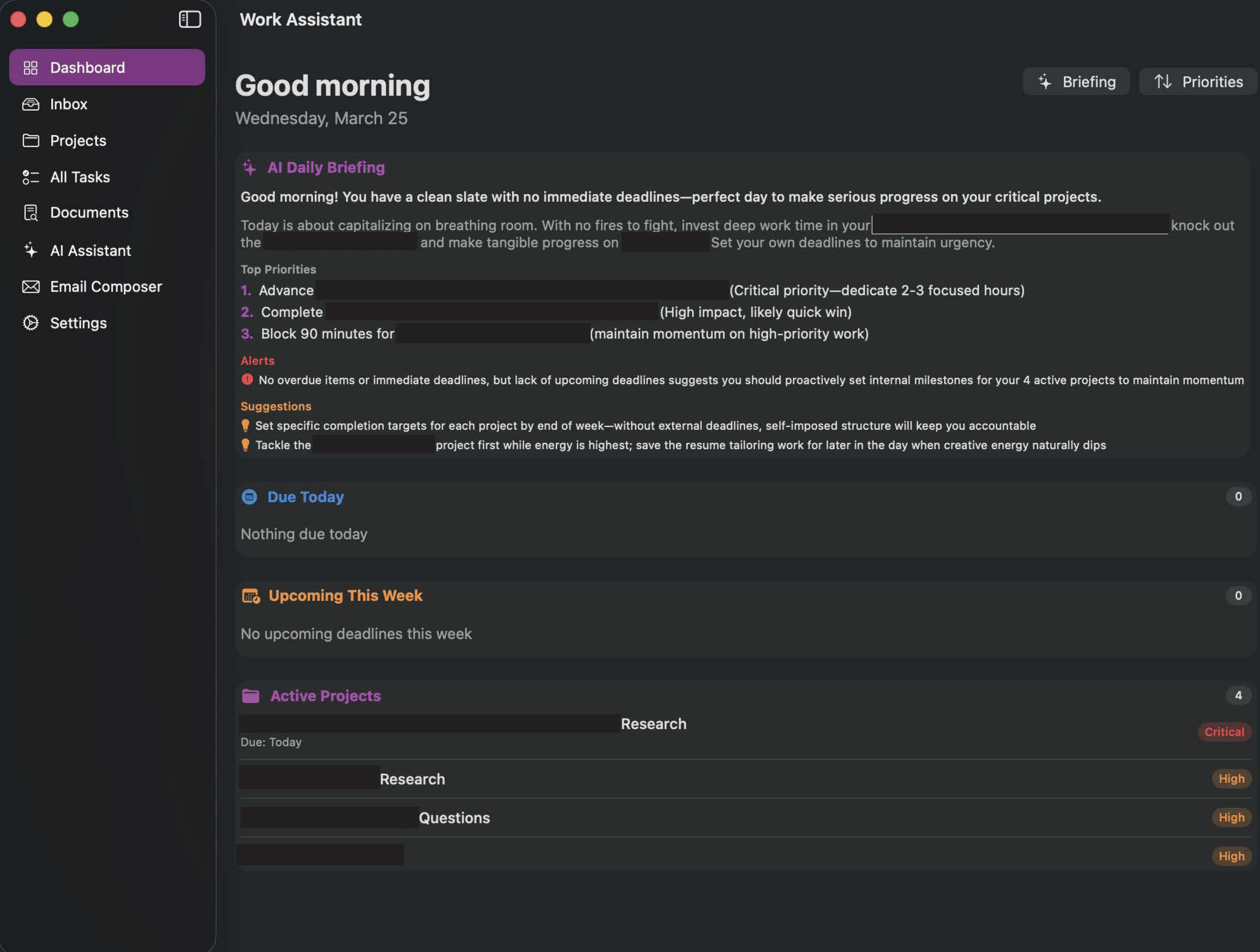 Work Assistant — Dashboard with AI briefing, priorities, and active projects
