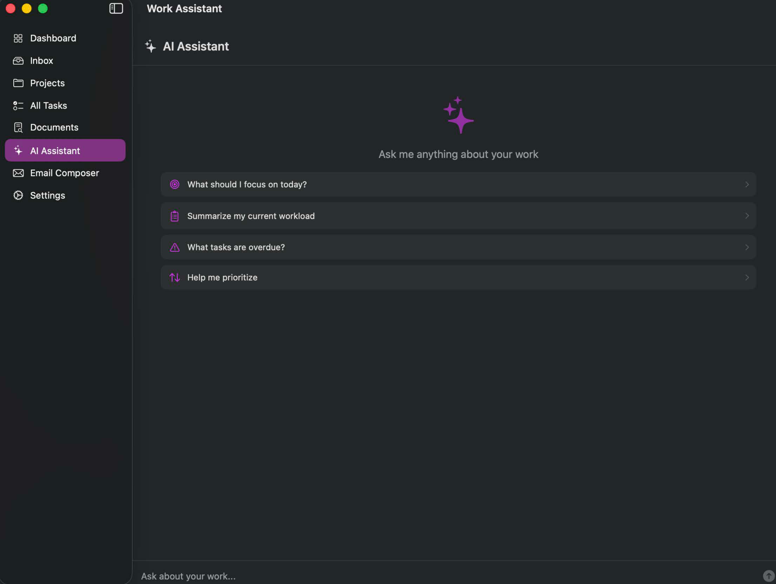 Work Assistant — AI Assistant chat interface with suggested prompts